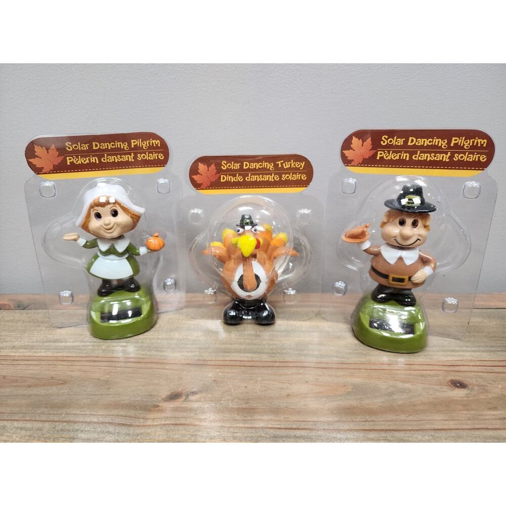 Three Fall Thanksgiving Solar Powered Dancing Bobbleheads Pilgrims, Turkey